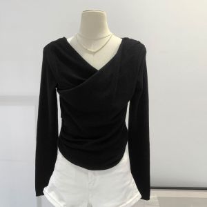 IELGY V-neck pleated long-sleeved knitted T-shirt for women 2024 autumn new slim fit top