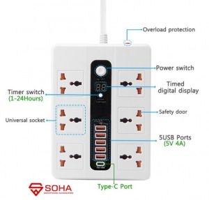 SOHA BKL-11 Stop Kontak Pakai Waktu / Power Socket Timer + 5 USB Port 3.4A & Qualcomm Multi Port