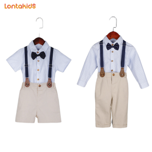 lontakids Kids Short-Sleeved Striped Shirt Suspenders Pants Set Boy Birthday Graduation Chorus Speech Performance Dresswear Childrens Formal Suit Gentleman Clothing
