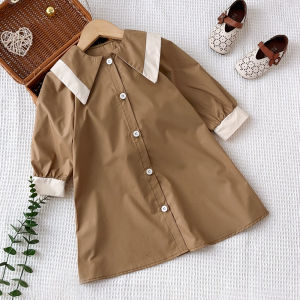 Bear Leader Baby Girls Korean Version Dresses Autumn Single Breasted Long Sleeved Retro Patchwork Lapel Kids Clothes Childrens Autumn Long Sleeved Outfits 3 to 7 Years