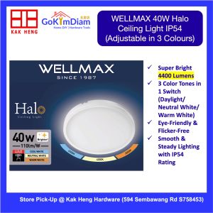 WELLMAX 40W Halo LED Ceiling Light IP54 3 Color CCT Adjustable 4400LM Ultra Slim Surface Mount Lamp