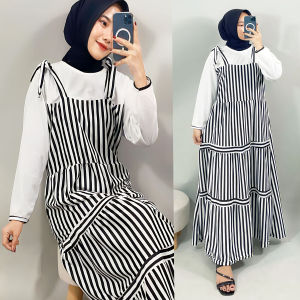 CARLINA – Khaila Dress Overall Sisi Salur Tali Pundak Korean Style Wanita Maxy
