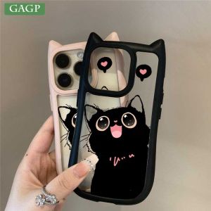 For iPhone 16 Pro Max Cute Cartoon Love Heart Black Cat Case For iPhone 16 15 14 Pro Max 13 Plus 12 11 Cat Ear Transparent Cover