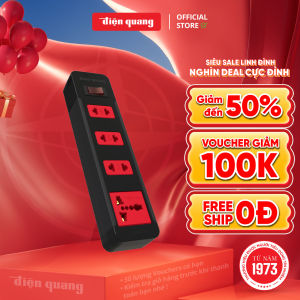 Ổ cắm điện đa năng Điện Quang ĐQ ESK 4BR (4 lỗ kết hợp 1 công tắc an toàn màu đen đỏ) công suất 2500w tự ngắt khi quá tải BH 12 tháng