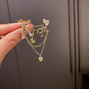 Minwen Rhinestone Queen Crown Angel English Letter Tassel Brooch Pin for Women Fashion Accessories Hijab Pin Jewelry Gift