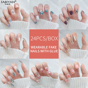 24Pcs Long Fake Nail With Glue DIY Fake Nails French Finger Nail False Nail Acrylic Nail