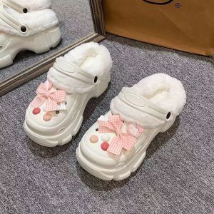 [Free Shipping] Winter Plush-Lined Clogs With Detachable Parts For Women Autumn And Winter High-Heeled Cute Student Non-Slip Cotton Slippers With Plush Lining