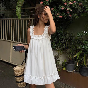 IELGY womens white ruffled suspender dress loose short skirt