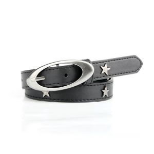 Y2K Moon Star Rivet Belt for Women 105cm Black PU Leather Waist Belt with Oval Silver Buckle for Jeans
