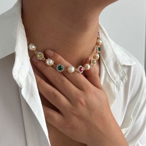 SUTONGXUE Ethnic Style Imitation Pearl Beads Necklace Silver Golden Rhinestone Collar Chain Vintage Hip Hop Clavicle Chain Women