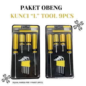 Set Paket Obeng + - Kunci L Tool 9PCS / Set Tools 9 in 1 Screwdriver With Hex Key