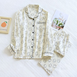 2025 New Spring and Autumn Womens Pajama Set 100% Cotton Crepe Cute Long Sleeve Long Pants Two-piece Printed Loose Home Clothes