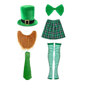 Patricks Day Bartender Costume Accessory Irish Festival Bartender Outfits with Hat Skirt Neck Tie Beard Striped Stocking