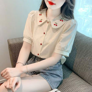 Áo sơ mi nữ thêu hình cherrry cổ tròn tay ngắn thời trang Gloria shop