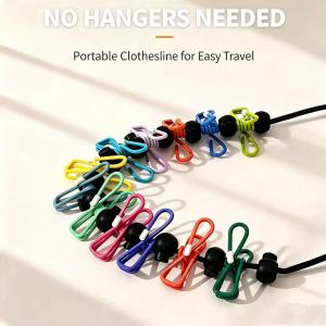 Portable Elastic Travel Clothesline with 12 Colorful Clips Windproof Adjustable Laundry Drying Rope No Hangers Needed for Camping Hotel Balcony