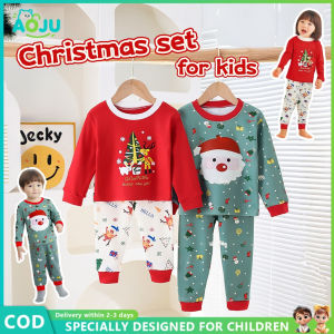 AOJU 0-6Y Korean Boy Girl Christmas Eve Ootd Christmas Fashion Santa Claus Pajama SetsSets Clothes For Christmas Terno Long Sleeves Pajama Long Sleeve Pants Pure Cotton High Quality