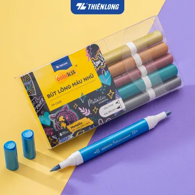 Bút lông 6/12 màu nhũ Fiber Pen Metallic Thiên Long Colokit - Màu nhũ lấp lánh vẽ được trên giấy đen