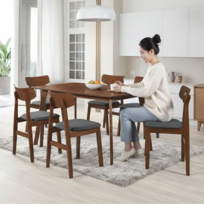 Furniture Direct BETSAN 6 Seater Full Solid rubberwood Dining Set-Walnut