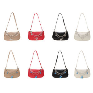 【NEW】Fashion Butterfly Double Chain Underarm Bag Women Solid Color PU Leather Handbag