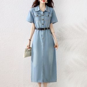 Fashion short-sleeved denim dress womens new denim long dress temperament thin dress new high-end belly covering and thin age-reducing skirt