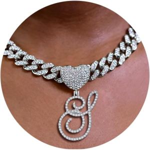 Cursive Silver Initial Pendant Necklaces Alphabet Pendant Miami Cuban Link Chain Necklace for women Hip Hop Iced Out Letter Chain with Pendant Jewelry …