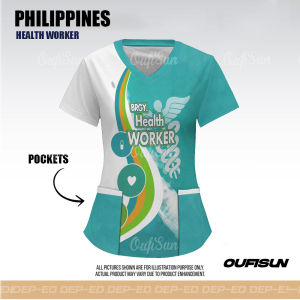 BHW BNS T-Shirt Institutional Womens T-Shirt Full Sublimation T-Shirt With Pockets Nursing Uniforms Nurse Uniforms Loose Quick Dry V-Neck T-Shirt