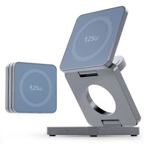 Qi2.2 25W Magnetic Wireless Charger Stand 3 in 1 Foldable Travel Charging Station (Titanium)| Watch | Airpods