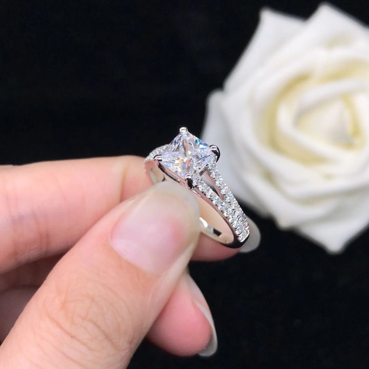 Solid 18K White Gold Au750 Ring Princess Cut Diamond