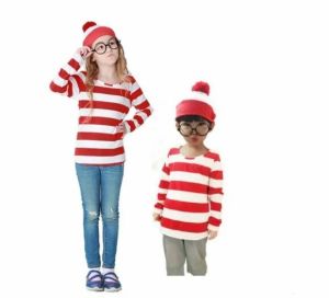 S-XXL Parent-Child Cartoon Where is Wally Waldo Costume Cosplay Christmas Striped T-Shirt Hat Glasses Socks Suit for Kids Xmas Cosplay Costume