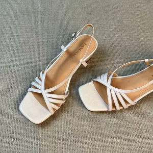 Summer Fashion Woven Red Sandals for Women Straight Strap mid Heel Exposed Toe Roman Style Womens Shoes