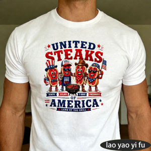[Local Stock] HBESTY  United Steaks Of America Patriotic Cartoon Steak Character Men Summer Cotton T Shirt BBQ USA Retro Humor Short Sleeve Garment