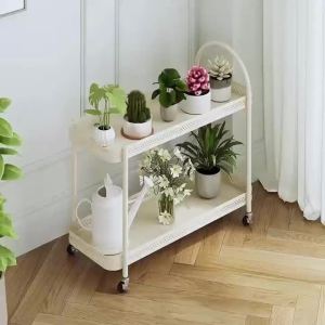 Cream Mobile Living Room Flower Stand Balcony Multi-layer Iron Art Flower Pot Storage Rack Floor-standing Indoor Succulent Flower with Wheels