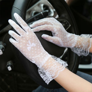 FUTUI Wedding Punk Style Driving Full Finger Sunscreen Lace Bow Tulle Mittens Lace Gloves Bridal Gloves Mesh Gloves