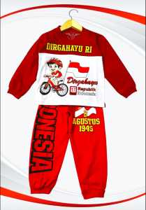 Stelan Baju Anak Merah Putih Lengan Panjang Motif Sepeda Usia 1-10 Tahun Bahan Katun Model Terbaru