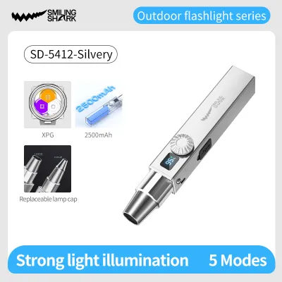 ไฟฉายหยก LED รูปฉลามยิ้ม3แหล่งกำเนิดแสงไฟฉายระบุไฟส่องสว่าง5โหมด Type-C SD5412ประเมินราคาแบบมืออาชีพกันน้ำชาร์จไฟได้
