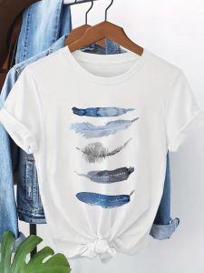 Womens Casual Short Sleeve T-Shirt - 100% Cotton Artistic Graphic Print with Bow Tie Detail Light Pink & Blue/Gray Regular Fit Round Neck for Spring Summer Fall Seasonal Fashion Tie Sleeve Design Soft Fabric Tee Trendy Streetwear T-Shirt