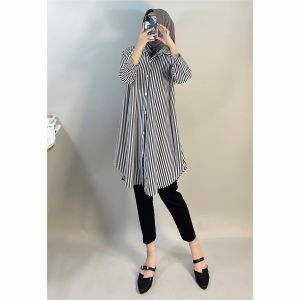 Tunik Salur Elegan Motif Garis Hitam Putih Lengan Panjang 137