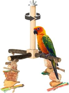 Agape Rotating Parrot Perch Toy with Chew Toy Natural Wooden Perch Stand for Small & Medium Birds Bird Cage Accessory with Exercise Wheel for Parakeets Cockatiels Lovebirds Conures Finches Budgies