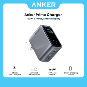 Anker GaN Prime 160W 3-Port Compact Wall Charger Smart Display and Touch Control 140W Max Charging via Single Port for iPhone 17/16/15/14/13 Series MacBook iPad Pixel Samsung