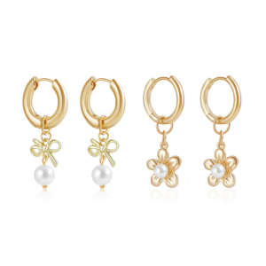 Fashionable Hoop Earrings Pearls and Bowknot/Flower Ear Pendants for Stylish Evening Wear Elegant Ear Accessories