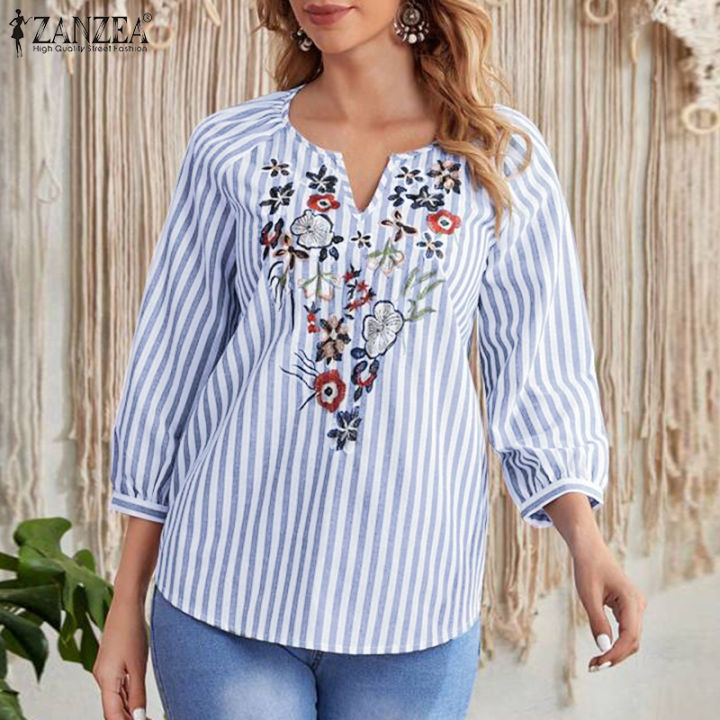 Momonaco ZANZEA Áo cánh nữ áo chui đầu tay 3/4 Tay Sọc Cổ Chữ V áo cánh ...