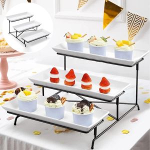 AKZDXE Food Display 3 Tier Serving Stand Display Cake Party Entertaining Dessert Dish Display Stand Sturdy with 3 Porcelain Serving Platters Rectangular Serving Tray Set Party
