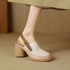 [Free Shipping] Baotou Platform Sandals With Thick Soles And Hollowed-Out Design WomenS Summer Chunky Heel Round-Toe Single-Strap Backless Roman Sandals