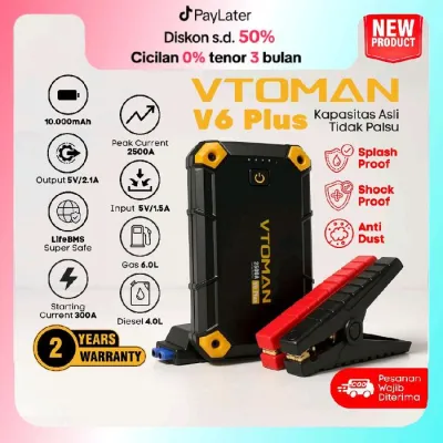 VTOMAN V6 PLUS 10000 mAh Jump Starter Aki Mobil Motor Power Bank Jumper Aki Alat Jamper Aki