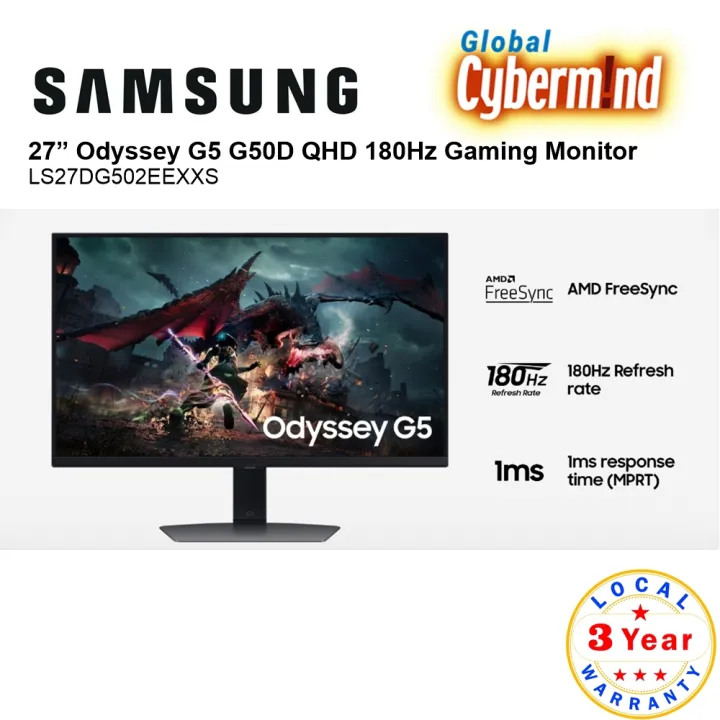 SAMSUNG ODYSSEY GAMING LS27DG502 27" G50D QHD 180Hz Gaming Monitor - 3 Years Local Warranty (Brought to you by Global Cybermind)