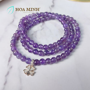 Vòng tay chuỗi 108 hạt Thạch Anh Tím Amethyst size hạt 5.5 li phối charm bạc cỏ 4 lá đính đá nhỏ | Hoa Minh Gem