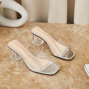 227Fairy Style Transparent Slippers Outwear 2024 New Arrival Square Toe High Heel Crystal Stylish Mid Heel Chunky Heel Sandals for Women