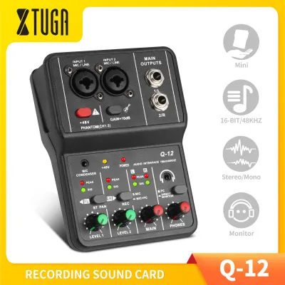 Mini Audio Interface Q-12 USB Recording Sound Card Support Stereo/Mono Music Recording Built-in Monitor Jack 48V Power Ideal For Beginner Makes Studio Recording Live Broadcast K Song Record