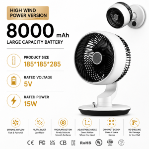 Vacuum Suction Wall Fan Portable Air Circulation Fan 5-Speed Cooling Fan Desktop Fan Digital Display Home Office Bedroom