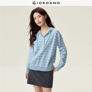 Giordano Beau Monde Women Striped half button hooded sweater Free Shipping 13356650